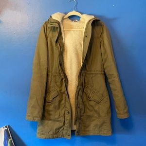 Long, hooded, military green Hollister jacket